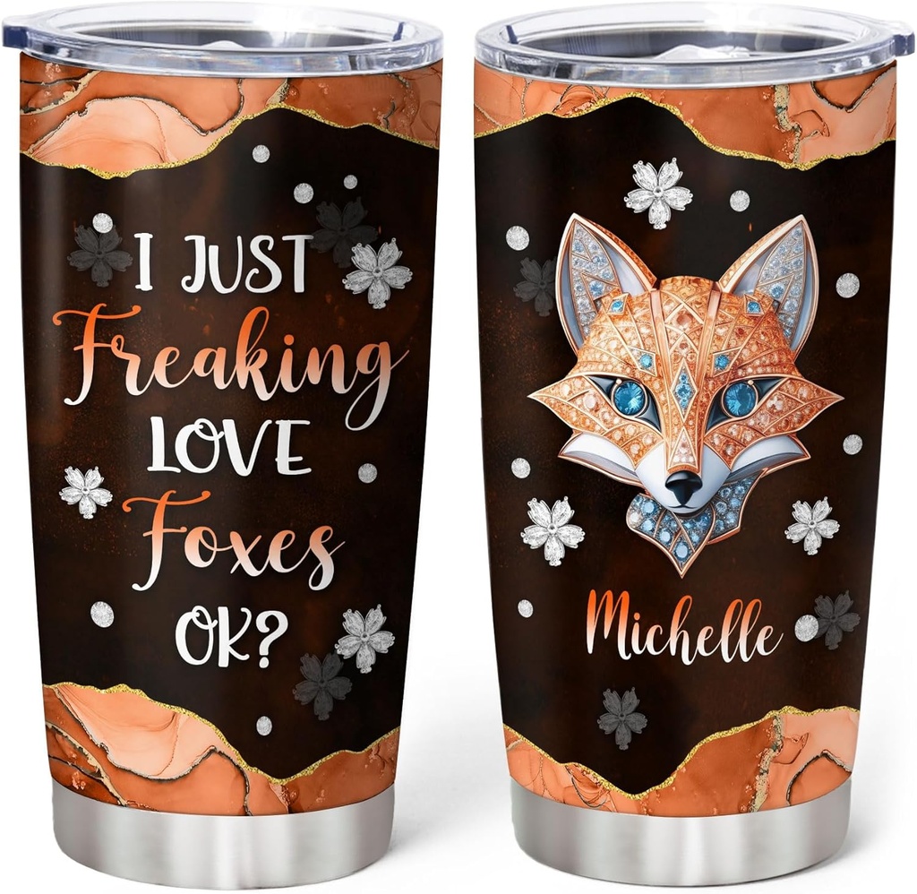 Hyturtle Personalized Fox Tumbler Foxs Jewelry Drawing Style Stainless Steel Insulated Tumblers Coffee Travel Mug Cup 20oz 30oz Stuff Birthday Christmas Fox Gifts For Women Animal Lover