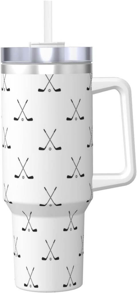 Hockey Stick Pattern 40 Oz Tumbler With Handle And Straw Lid, Insulated Reusable Stainless Steel Travel Mug Iced Tea Or Coffee, Smoothie And More