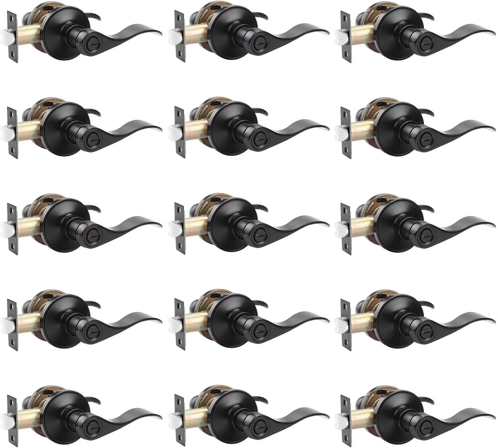 Probrico 15 Pack Privacy Door Lever,Locking Black Door Handle Set for Bathroom & Bedroom Doors,Keyless Interior Door Handle Black Finish Wave Door Lock, Reversible Right & Left Side