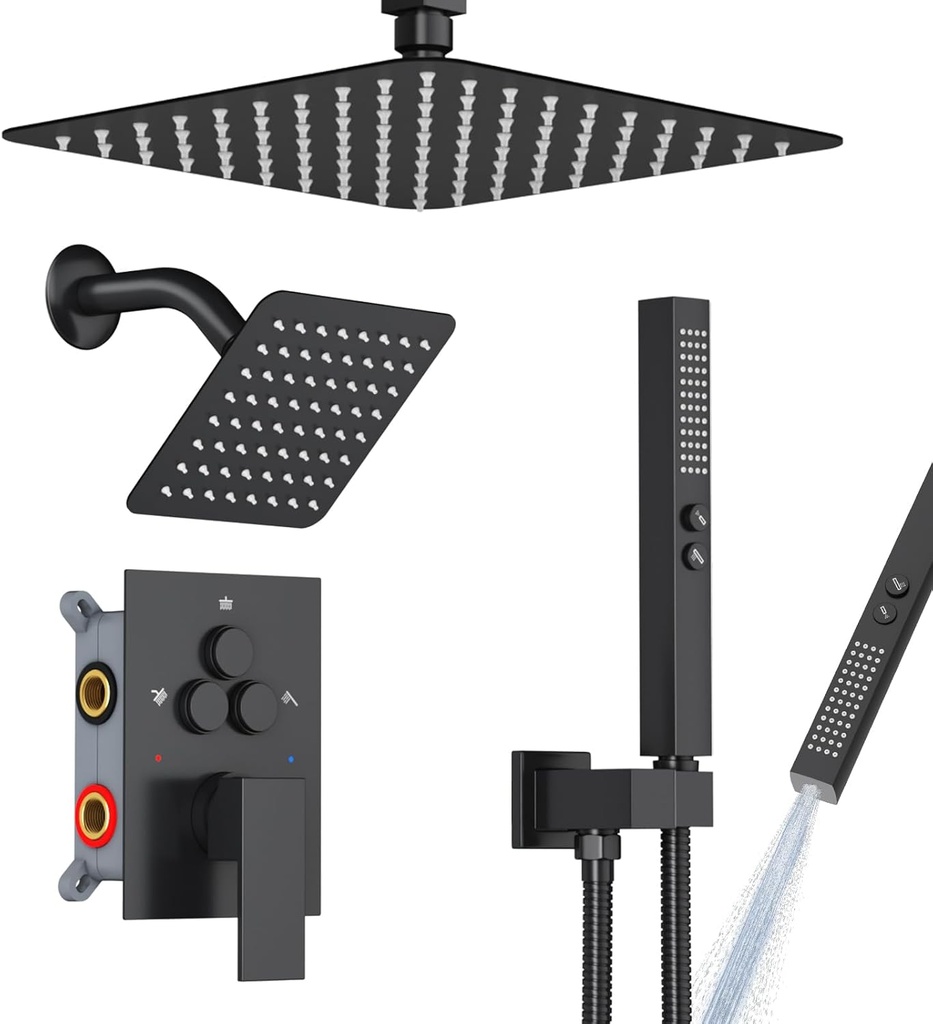 Shower Faucet Set Shower System - EMBATHER Push Button Diverter Dual Shower Faucet Valve Kit with Rainfall Ceiling Mount 10 Inch Shower Head 6 Inch Wall Mount, for Couple (Standard-10'', Matte Black)