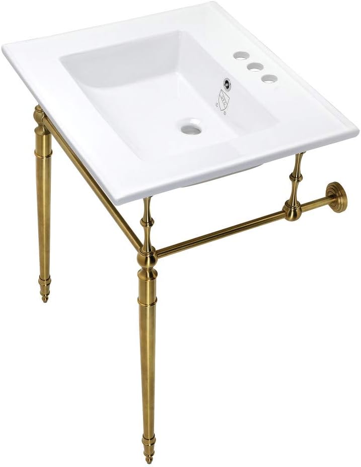 Kingston Brass KVPB25227W4BB Edwardian 25-Inch Console Sink with Brass Legs (4-Inch, 3 Hole), White/Brushed Brass
