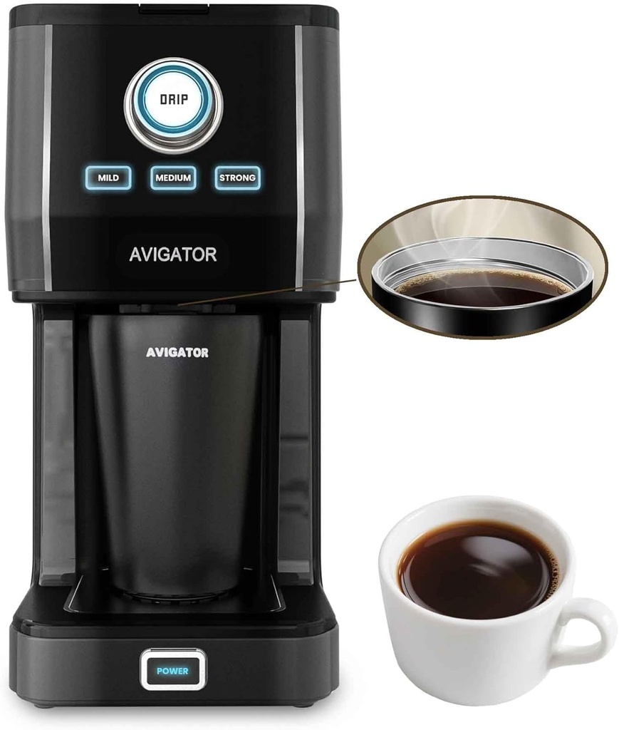 Single Serve Coffee Maker with 11oz. Travel Coffee Mug Stainless Steel, Brew Strenth Adjustable, Permanent Filter, Black