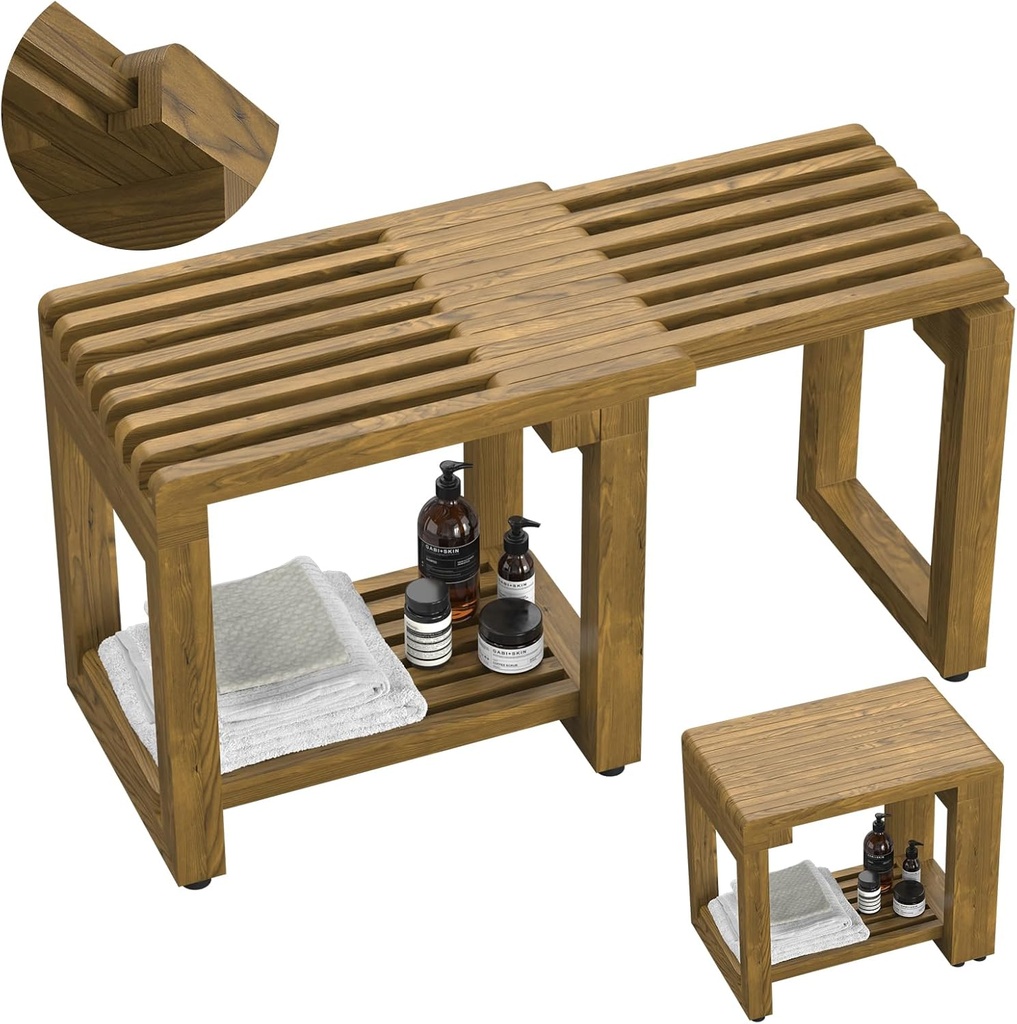 Update Adjustable Wooden Shower Benches for Inside Shower, 26.4'' Wood Shower Bench Waterproof, 440lbs Bathroom Bench with Storage, Sauna Bench for Bathroom, Shower Chairs for Seniors Adults Elderly