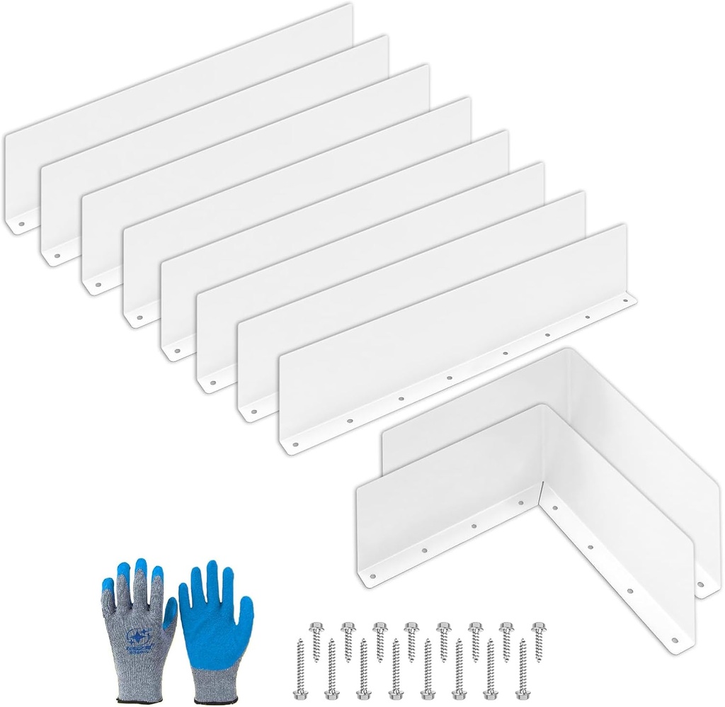 10 Pcs Gutter Valley Splash Guards, Diverter Roof Rain with 80 Matching Screws and A Pair of Gloves, 15.75 x 3.54 x 0.59 Inch, White (8 Straight + 2 Foldable)