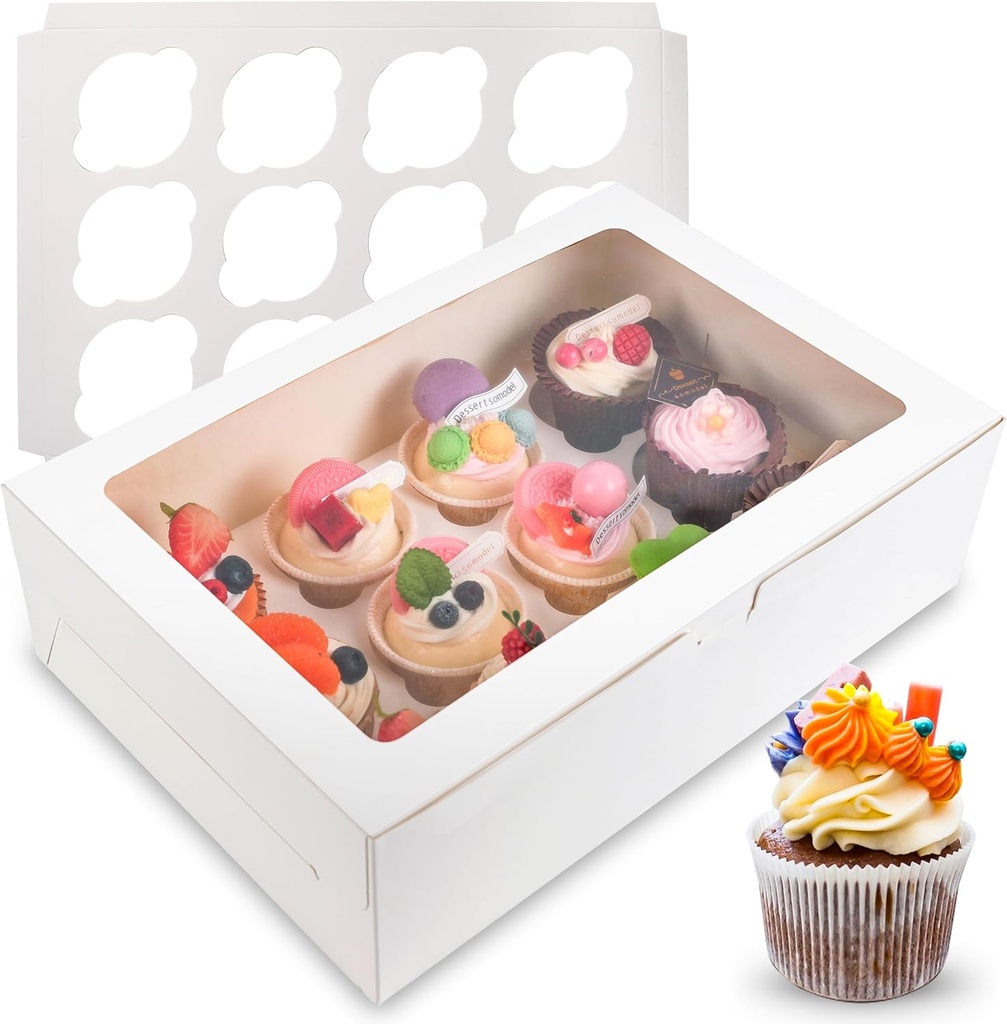 6 Pack Cupcake Boxes, 12 Count Cupcake Containers with Window and Cardborad, Food Grade Cupcake Carrier For Muffins Cupcakes Desserts (White 13.4×10×4 In)