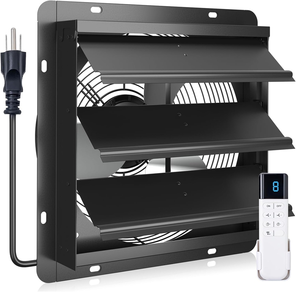 addlon 12 Shutter Exhaust Fan Wall Mounted with EC Motors and Remote Control, Timer, 8 Speeds, 1250CFM, Low Noise, Easy to Install, Plug in Ventilation Fan for Garages, Shops, Greenhouse, Attic