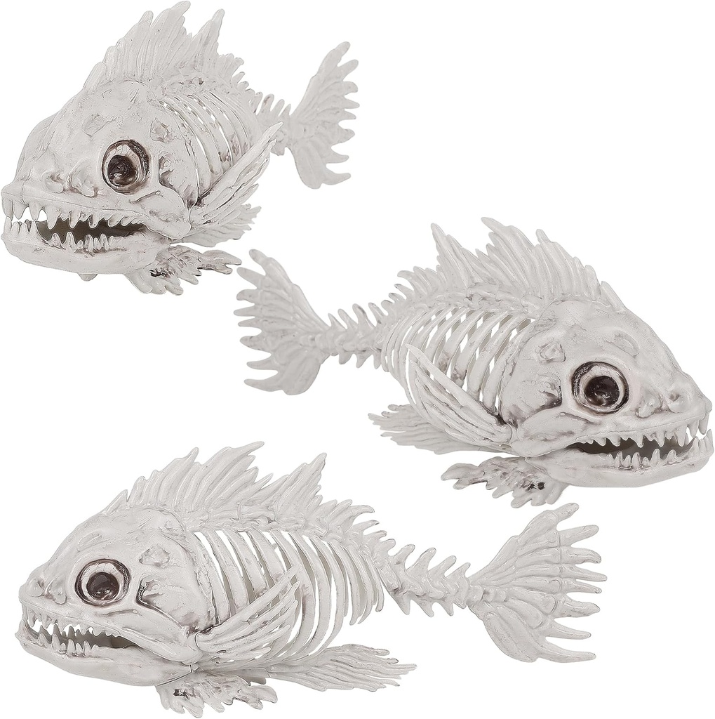 DR.DUDU 3 Pack Skeleton Fish Halloween Decor, Animals Skeleton Decorations Plastic Skull Fish Bones Figure Decor for Outdoor Indoor Bedroom Tank Party Props