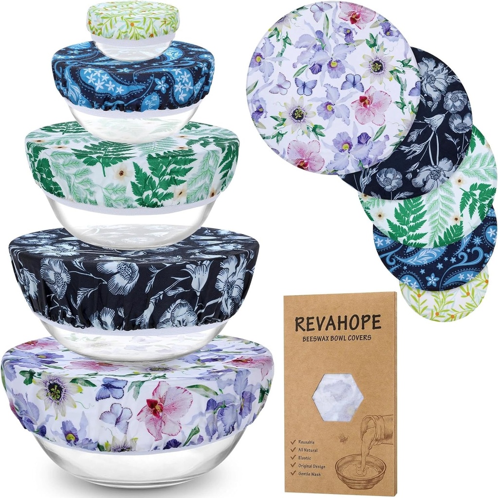 5-Size Reusable Beeswax Bowl Covers for Bread Proofing, Cotton Cloth Flexible Beeswax Wraps for Food Storage(Iris Floral)