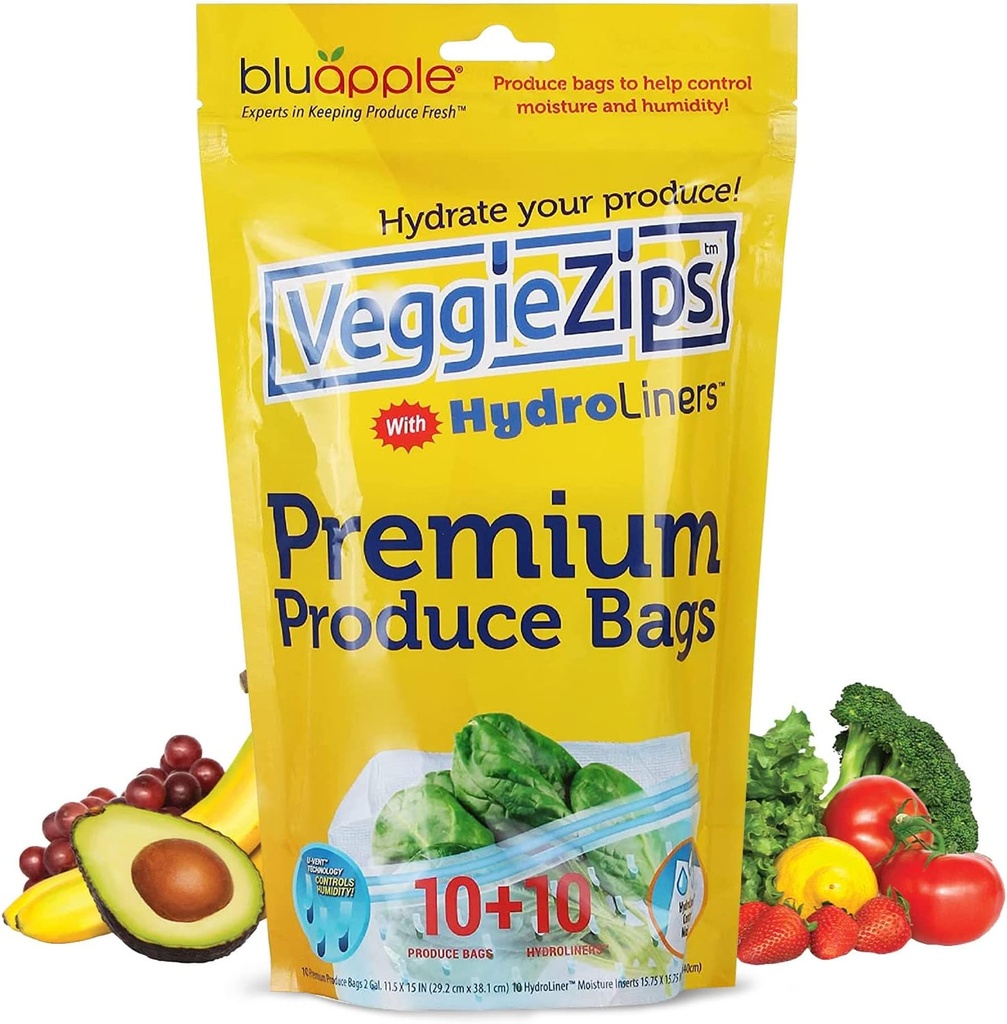 Bluapple VeggieZips Premium Produce Storage System - 20 Piece Set, 10 Food Saver Bags + 10 HydroLiners, Keep Produce Fresh Longer, Washable & Reusable Bags with Humidity Control for Fruit & Vegetables