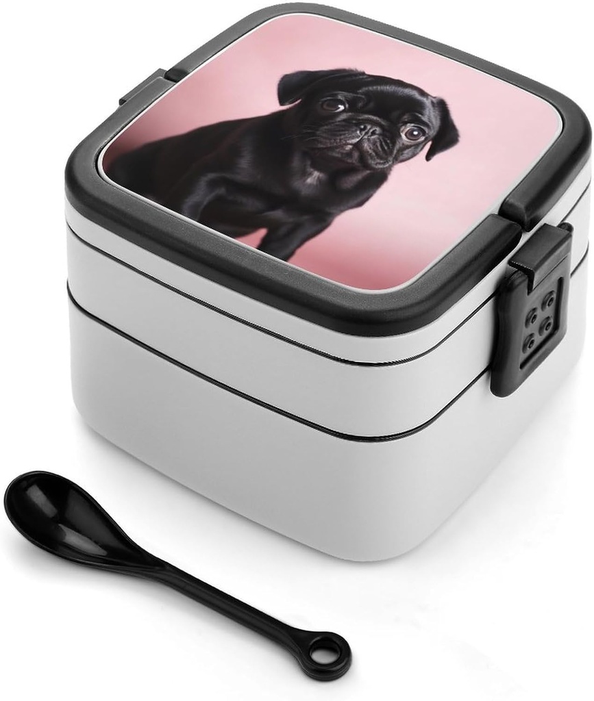 Adult Double-Layer Bento Box Portable Cute Black Pug Lunchbox 1 L Capacity Leak-Proof Bento Box Microwave-Safe Food Container with Spoon And Hidden Handle