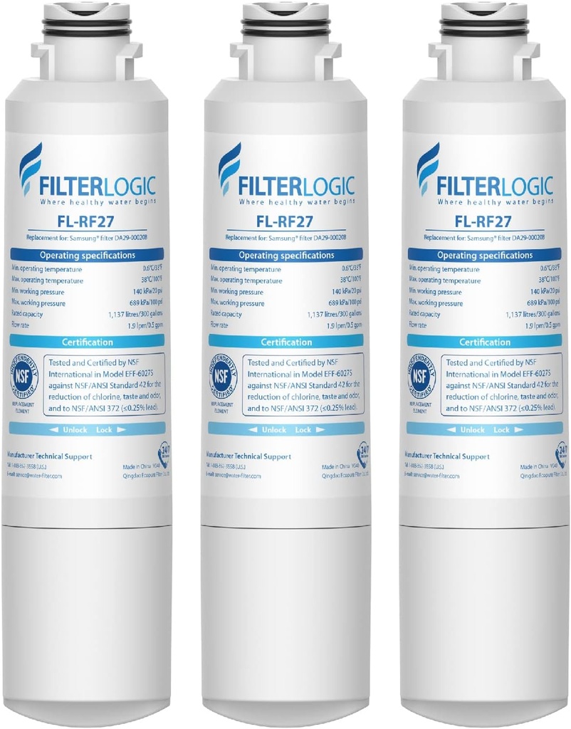 Filterlogic DA29-00020B Replacement for Samsung RF28HMEDBSR, RF263BEAESR, HDX FMS-2, HAF-CIN/EXP, DA97-08006A-1, DA29-00020B-1, RF4287HARS, RFG297HDRS, RF28HFEDBSR, Refrigerator Water Filter, 3 PACK