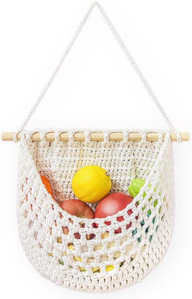 Luxanna Hanging Fruit Basket Handmade Boho Cotton Rope Wall Over Door Storage Woven Baskets for RV to Store Any Small Stuffe, white