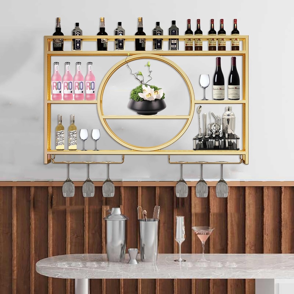 Hanging Wine Storage Racks,Metal Wine Rack Wall Mounted with Wine Glass Holder,Floating Bar Shelves,Liquor Shelf with LED Lights,Bar Shelf for Kitchen Wine Cellar Dining