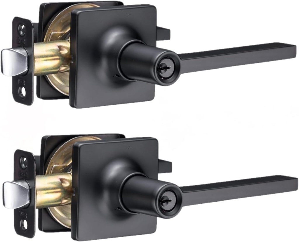Diodesy- Entry Door Handle with Key Reversible Right & Left Side Exterior Square Privacy Door Lever Heavy Duty Passage Door Knob Black with Adjustable Latch for Bedroom Bathroom Pack of 2