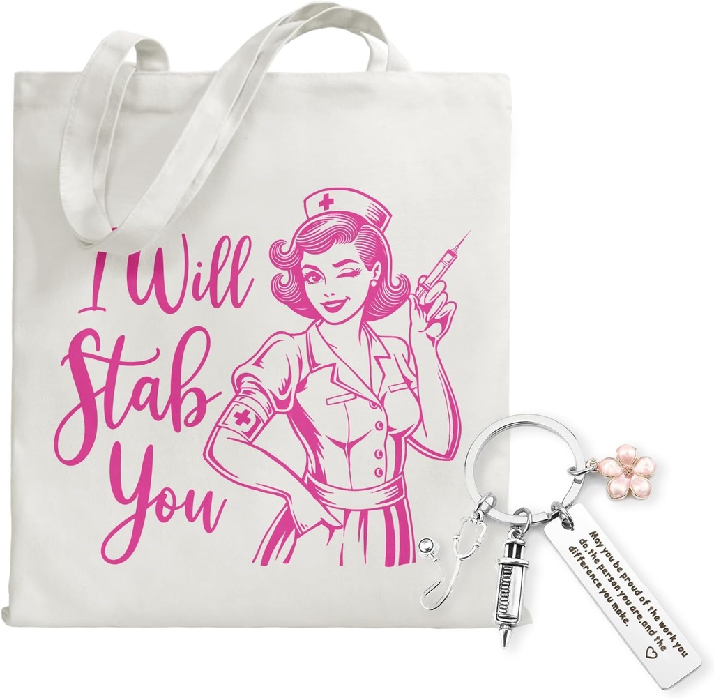 Funny Nurse 2 Packs Canvas Tote Bag with Nurse Keychain for Women Nurse Student Co-worker, Best 2025 Nurse Gifts for Nurses Week Graduation Christmas Thanksgiving Birthday, I Will Stab You