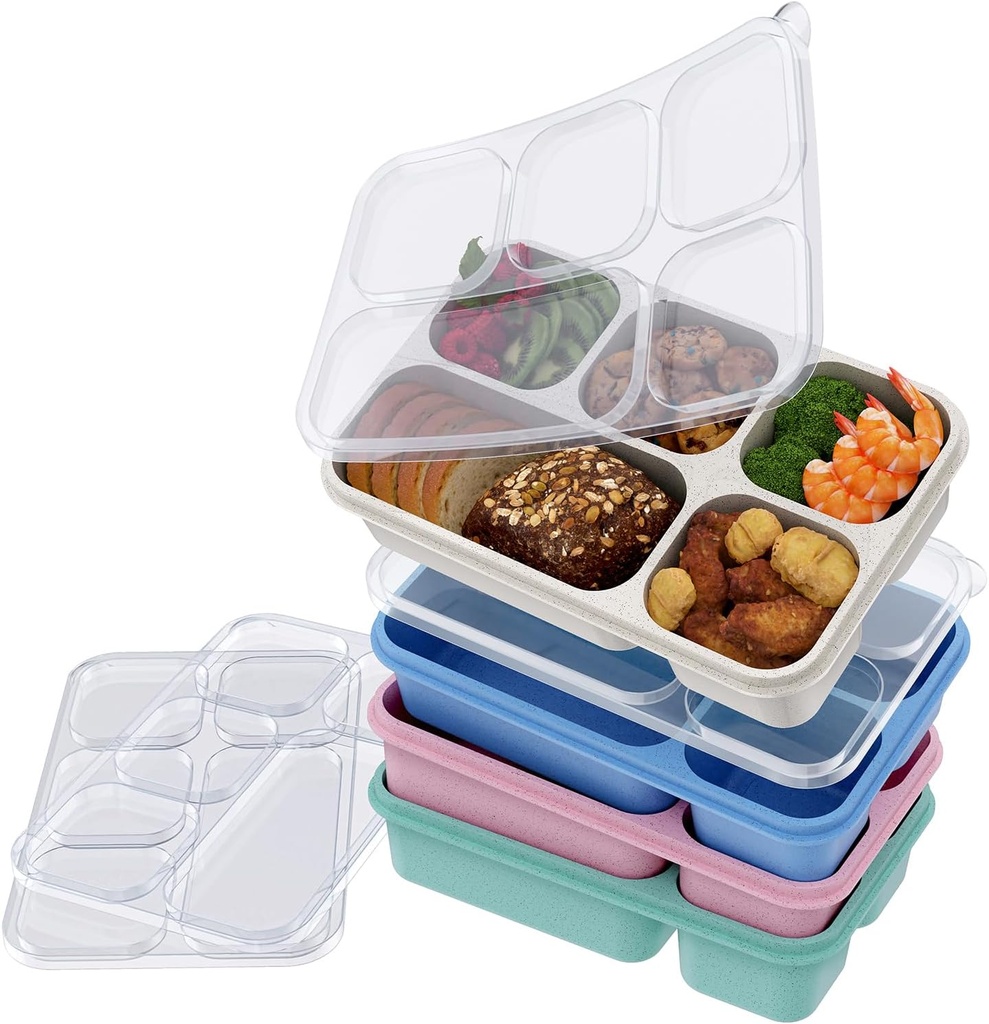 Bento Lunch Box 4-Pack, 5-Compartment Lunch Boxes, Kids Snack Boxes, Stackable Ready Parties, Divided Food Storage Containers for School Work Travel Parties BBQ (Wheat,osc)
