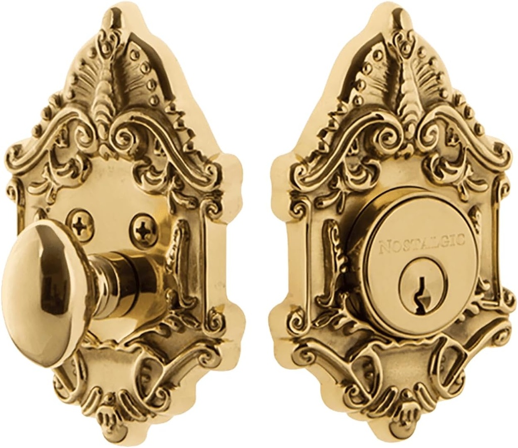 Nostalgic Warehouse 715125 Victorian Plate Single Cylinder Deadbolt Victorian Door Knob in Unlacquered Brass,