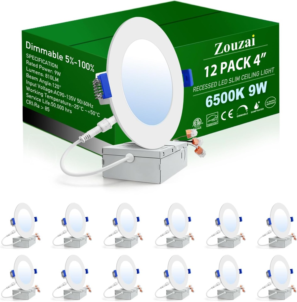 zouzai 12 Pack 4 Inch Ultra-Thin LED Recessed Lights, 6500K Cool White, 9W=80W, 5CCT Adjustable, Dimmable, with Junction Box, Commercial & Office Lighting for Kitchen, Bathroom
