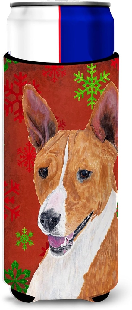 Basenji Red and Green Snowflakes Holiday Christmas Ultra Beverage Insulators for slim cans