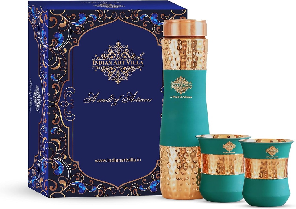 Indian Art Villa Copper Drinkware Gift Set of 2 Glass and 1 Bottle in Green Silk Finish, Volume-Bottle-30 Oz, Glass-11 Oz