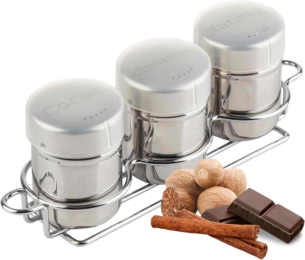 TableCraft 11054 Coffee Dredge Shaker Set, 6 oz, 3-Piece with Rack, Stainless Steel with Cinnamon, Cocoa, and Nutmeg Labels, Includes Storage Caps, For Café, Foodservice, and Home Use