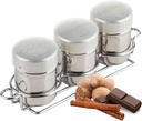 TableCraft 11054 Coffee Dredge Shaker Set, 6 oz, 3-Piece with Rack, Stainless Steel with Cinnamon, Cocoa, and Nutmeg Labels, Includes Storage Caps, For Café, Foodservice, and Home Use