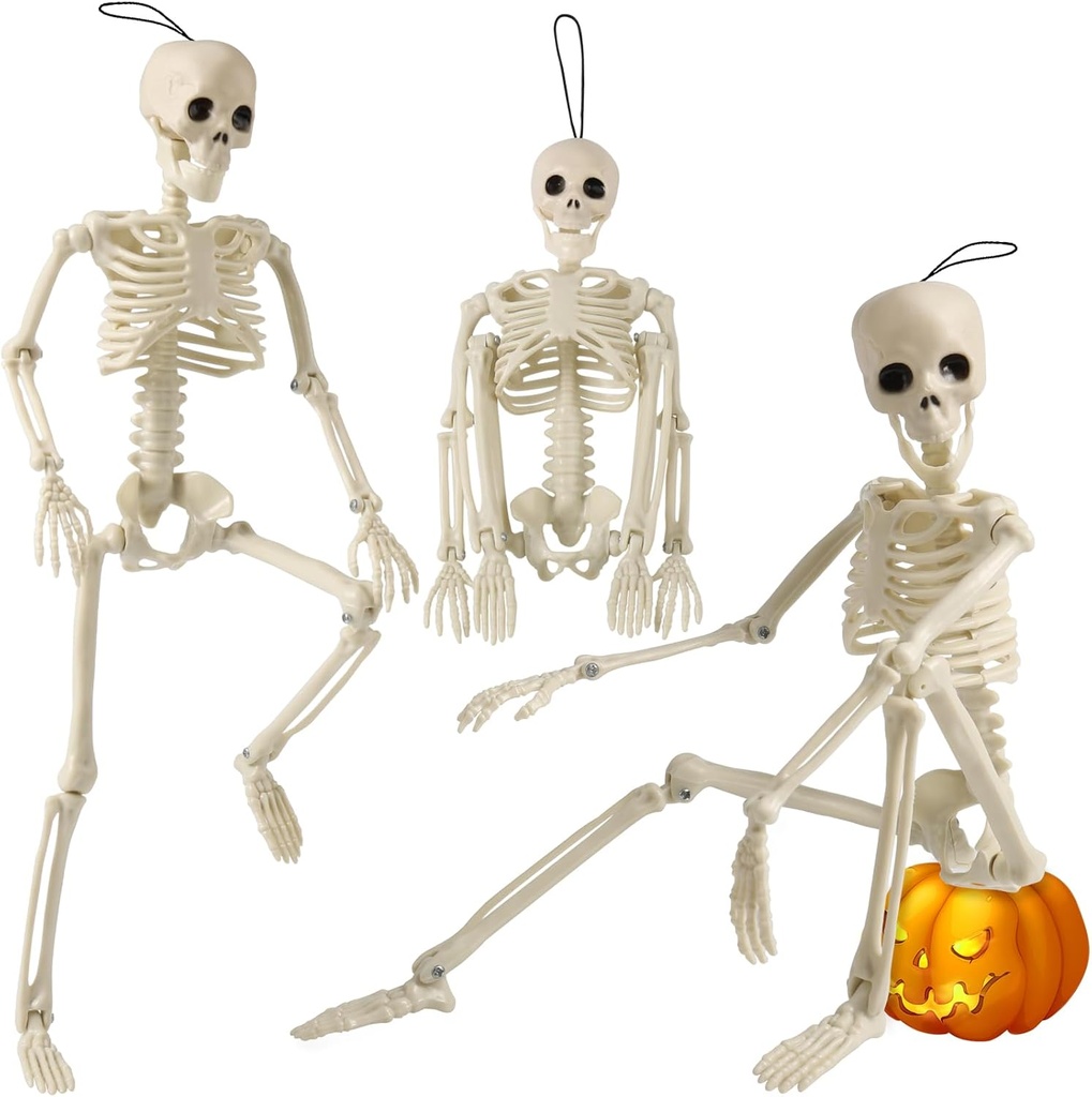 3Pack 16'' Posable Skeleton Plastic Mini Skeleton Decor with Movable Joints, Outdoor Halloween Decor Props for Yard Haunted Houses Porch