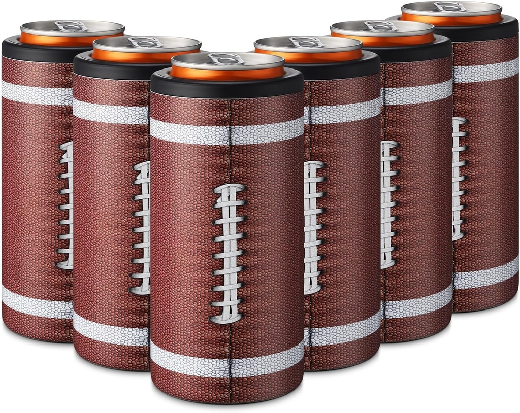 6 Pcs Football Slim Can Cooler Stainless Steel Football Tumbler Double Insulated Beer Cooler for 12 oz Cans Mug Cup Beer Can Holder Sports Football Gifts for Men Women Players