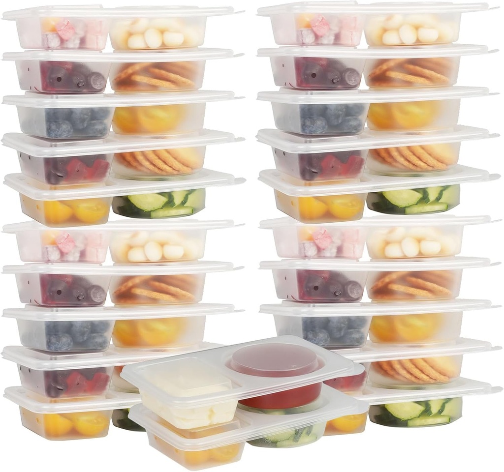 Snack Containers - Double Compartment Condiment Containers with Lids, Reusable Portion Control Containers for Takeout, Refrigeration, Sauces, Dips, and Outdoor Travel (20)