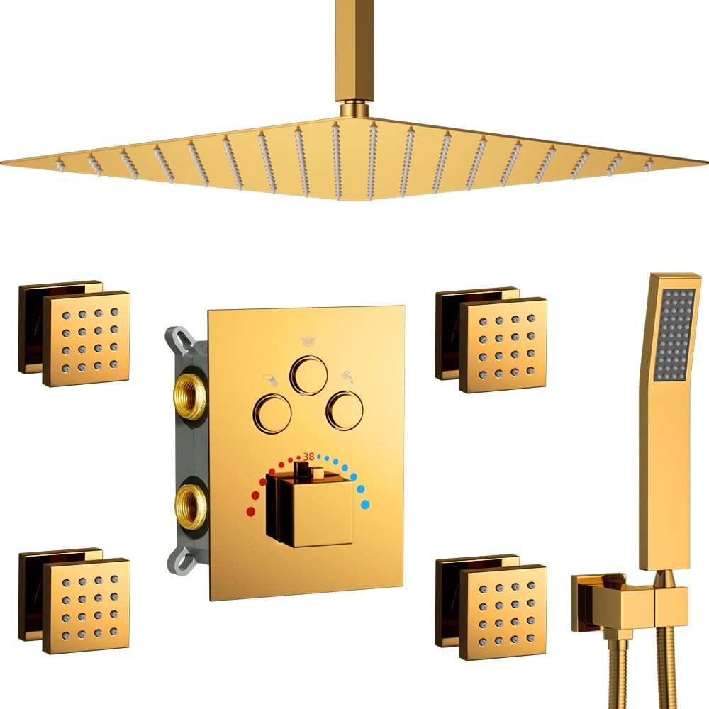 Polished Gold Shower Faucet Set 16 Inch Thermostatic Rain Shower System Bathroom Combo with High Pressure Full Body Shower Sprays & Handheld shower Can Be Used at the Same Time