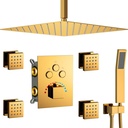 Polished Gold Shower Faucet Set 16 Inch Thermostatic Rain Shower System Bathroom Combo with High Pressure Full Body Shower Sprays & Handheld shower Can Be Used at the Same Time