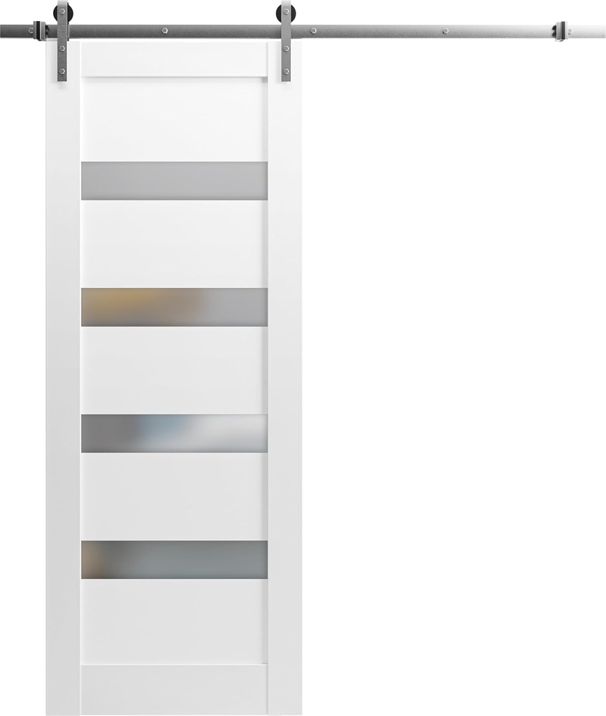 SARTODOORS Quadro 4113 | Interior Single Sliding barn Door with Frosted Glass, MDF, 18x80, White, Modern Style | Hardware Included
