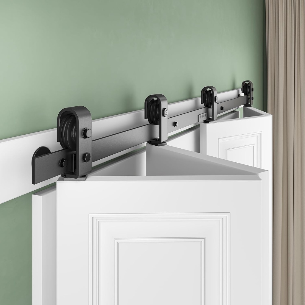 SMARTSTANDARD 68" Bifold Sliding Barn Door Hardware Kit, 5.7ft Top Mount Bi-Folding Track Kit for Four 16" Closet Pantry Laundry Doors-Smoothly and Quietly, Black [No Door]