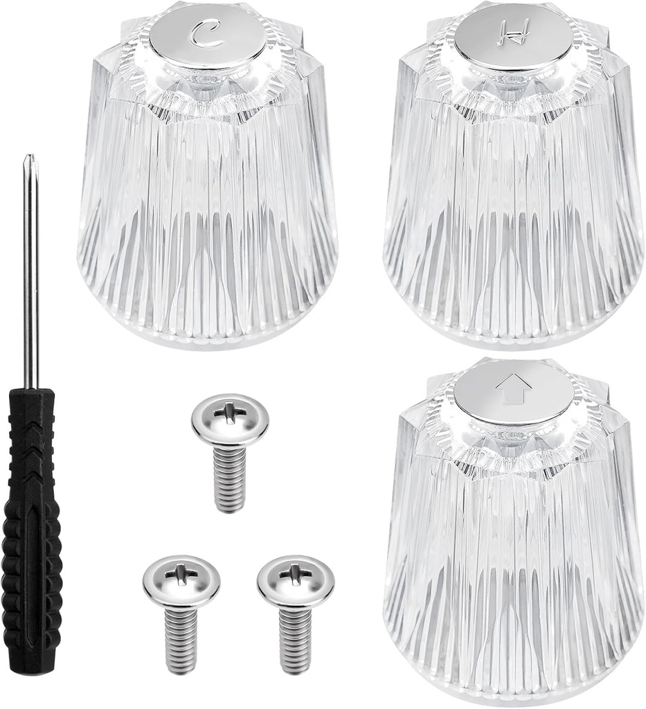 3 Piece Shower Knob Replacement, Clear Acrylic Faucet Handles Hot/Cold/Diverter Bathtub Knobs Bathroom Faucet Knobs Compatible with Price Pfister Contessa and Windsor, with Screwdriver