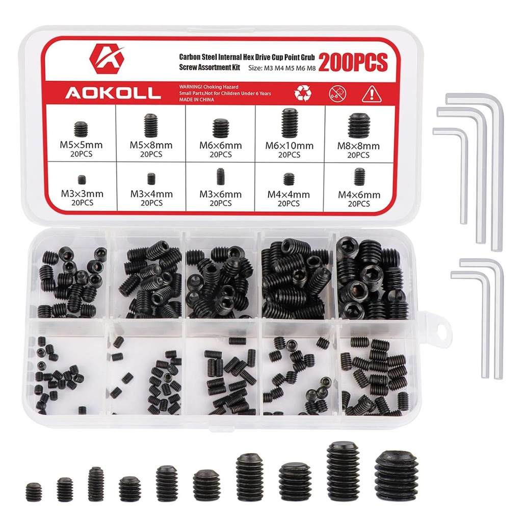200Pcs Socket Set Screw Internal Hex Drive Cup Point Allen Grub Screws Assortment Kit Black Alloy Steel Metric M3 M4 M5 M6 M8 (Black)