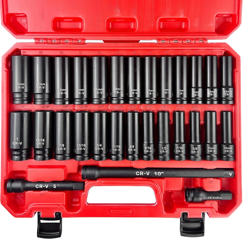 29pcs 1/2" Socket Set, Drive Deep Impact Socket Set, Including 3 ", 5", 10" Impact Extension Bar, Standard SAE (3/8 "- 1") and Metric (10mm-24mm), Cr-V Steel