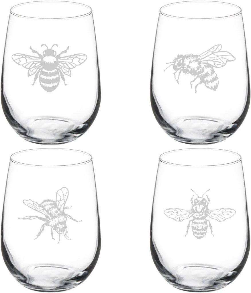 MIP Set of 4 Wine Glass Gift Honey Bee Collection (17 oz Stemless)