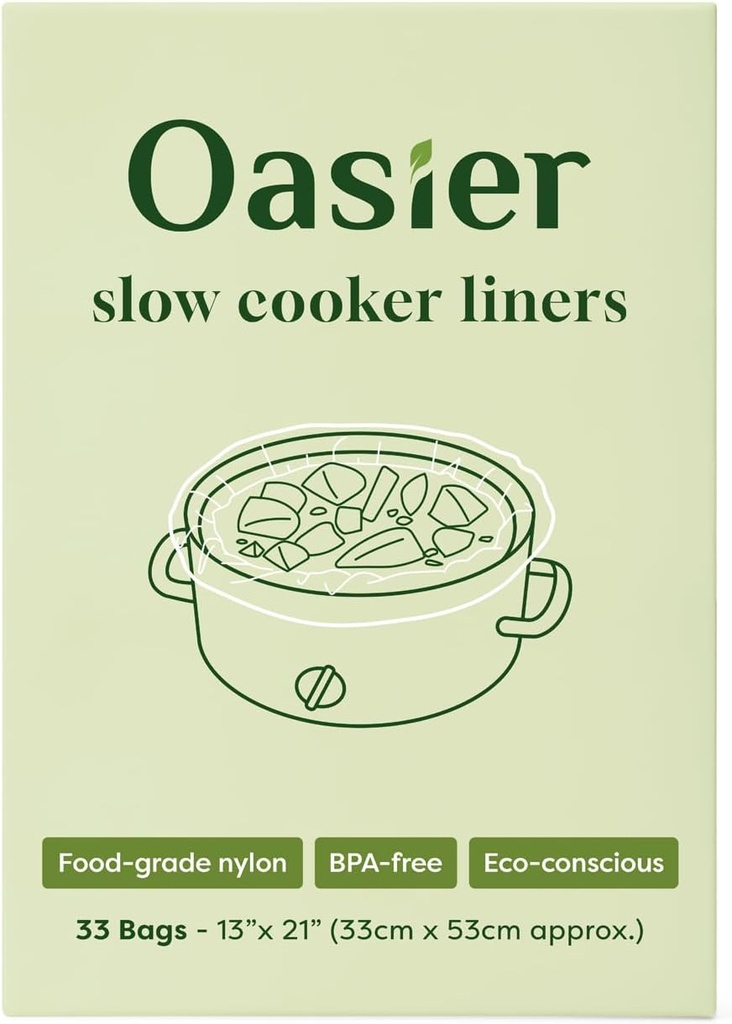 Slow Cooker Liners, Disposable Oval Large Size 13" x 21", 33 Count, Fits 3-8 Quart Pot Cooking Bags for Easy Cleanup, Food Safe & Leak-Proof