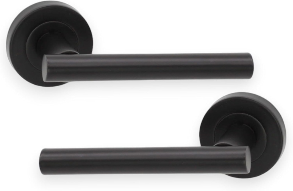 Infinity Decor Pair of Straight T-Bar Lever Door Handle on Round Rose Set Matt Black Interior Pull Handles – Ideal for Residential and Office use