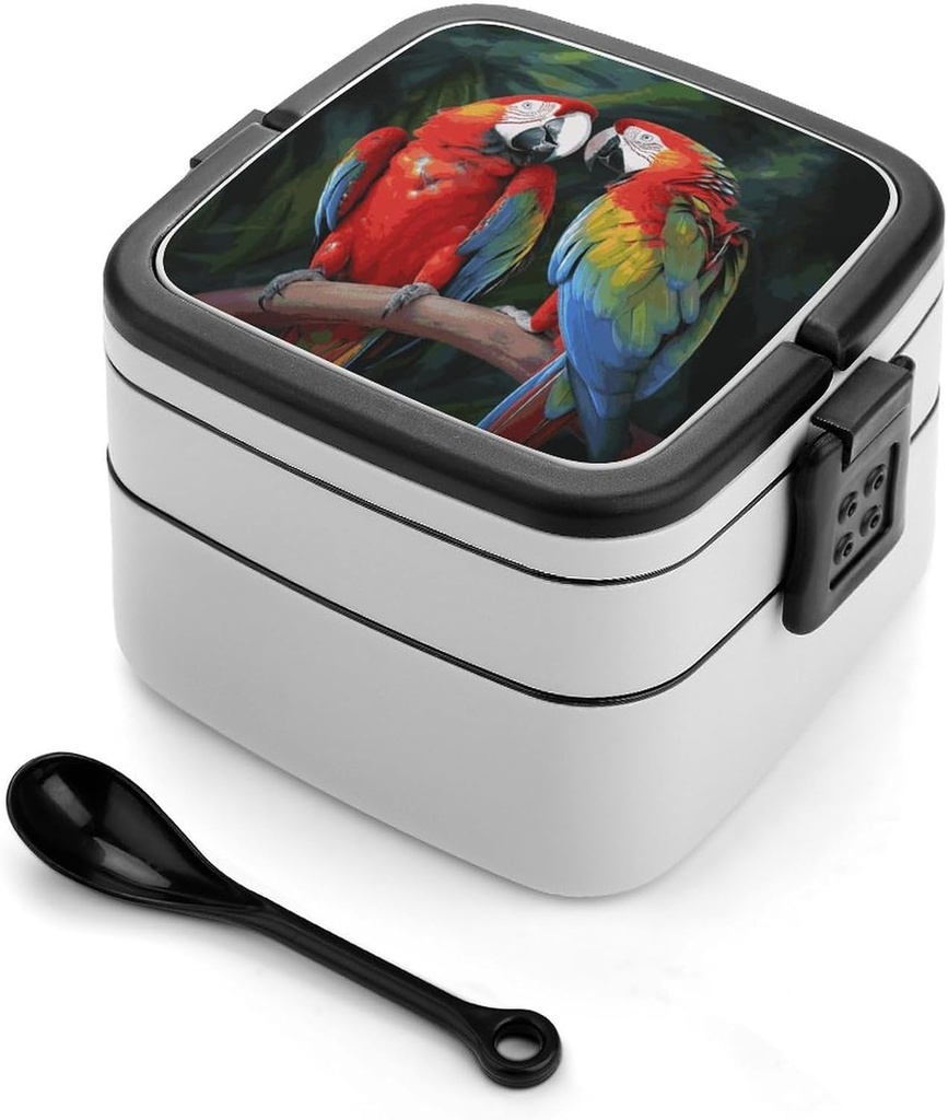 Bento Box Stackable Lunch Box with 2 Compartments Leak-Proof Food Storage Containers Two Colored Parrots Bento Lunch Box for Adults Lunch Containers with Utensil Set