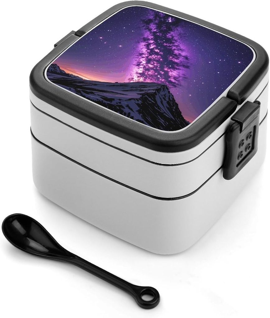 Purple Starry Bento Box with Spoon, 2-layer Stackable Lunch Box Leak Proof with Invisible Handle, Insulated Food Storage for Office, Picnic & Travel