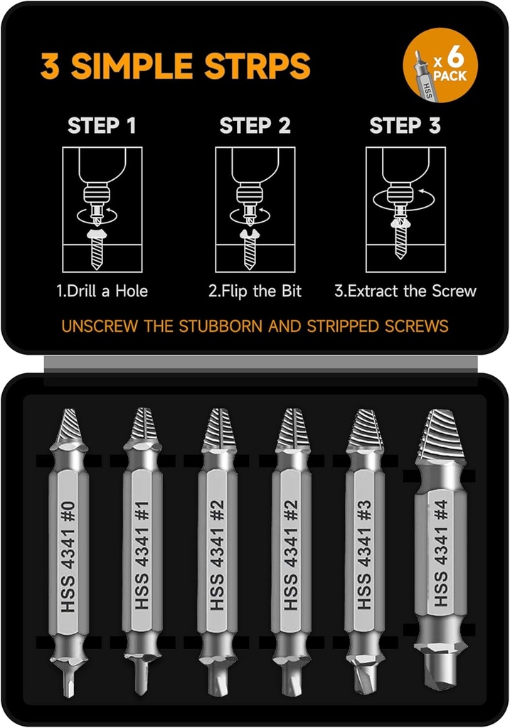 Screw Extractor Set 6Pcs, Titanium Coated Removing Broken Bolt Extractor Stripped Screw Extractor Kit, HSS 4341 Easy Out Stripped Screw Removal Tools of Stripped, Rusty, Broken Hardware,‎Silver