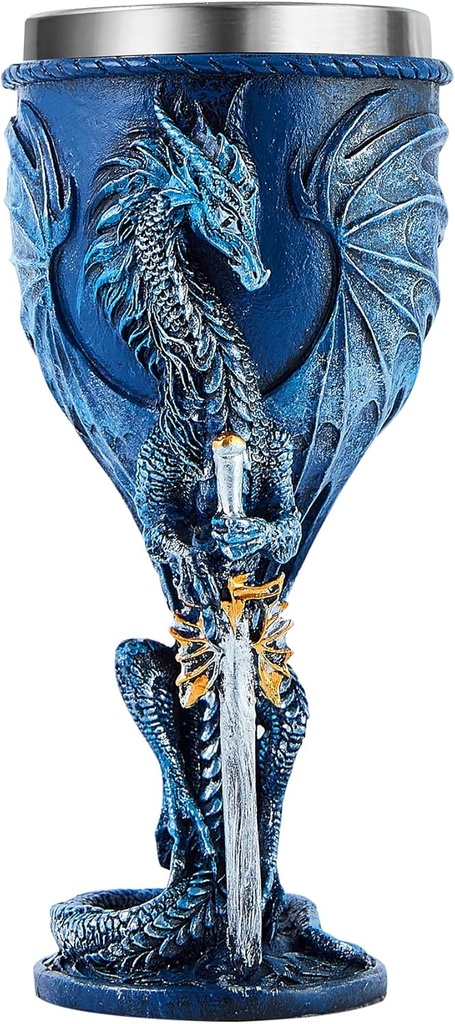 Blue Dragon Goblet Stainless Steel Dungeons and Dragons Gift Chalice Wine Goblet 7 oz. (Blue Sword Dragon)