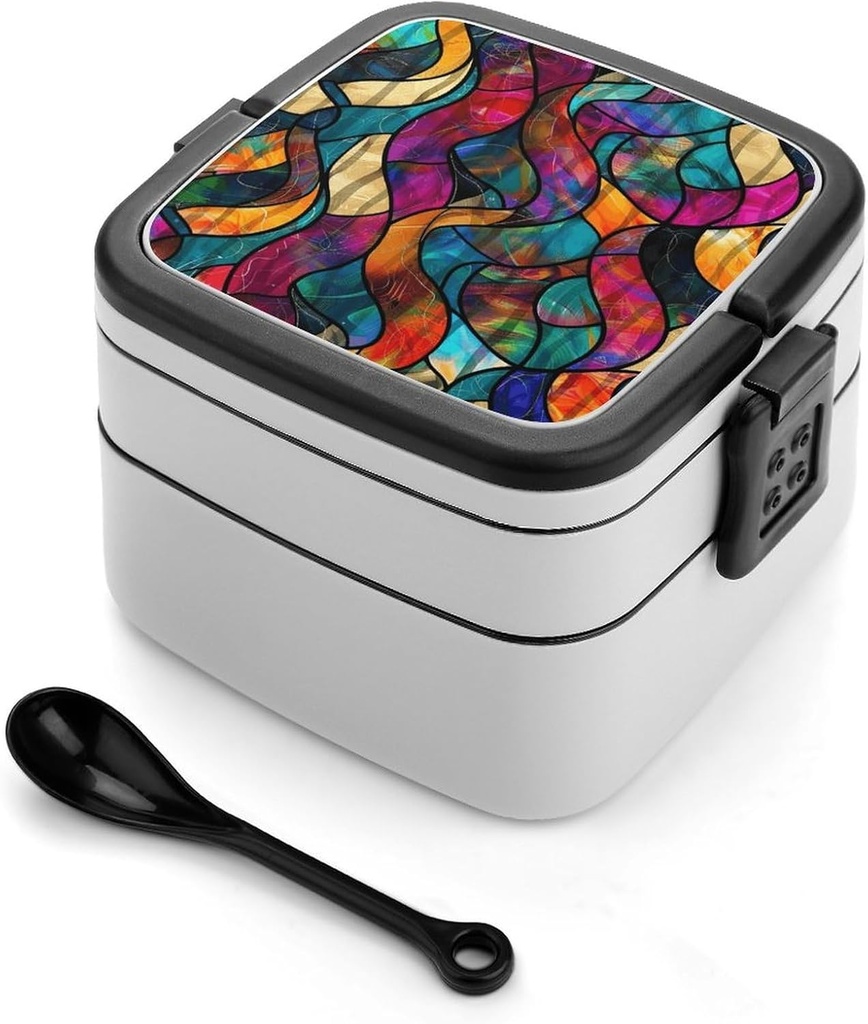 Black Abstract Pattern Bento Box with Compartments Double Layer Bento Lunch Box with Spoon And Handle All-in-One Adult Lunchbox Leakproof Lunch Container for Work Picnic Travel