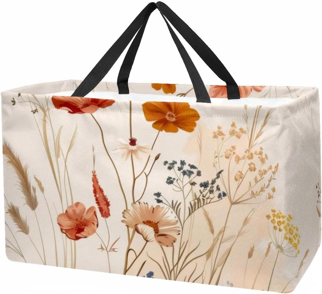 Reusable Grocery Bag Heavy Duty Shopping Tote Bag Foldable with Reinforced Handle, Wild Meadow Florals Flower