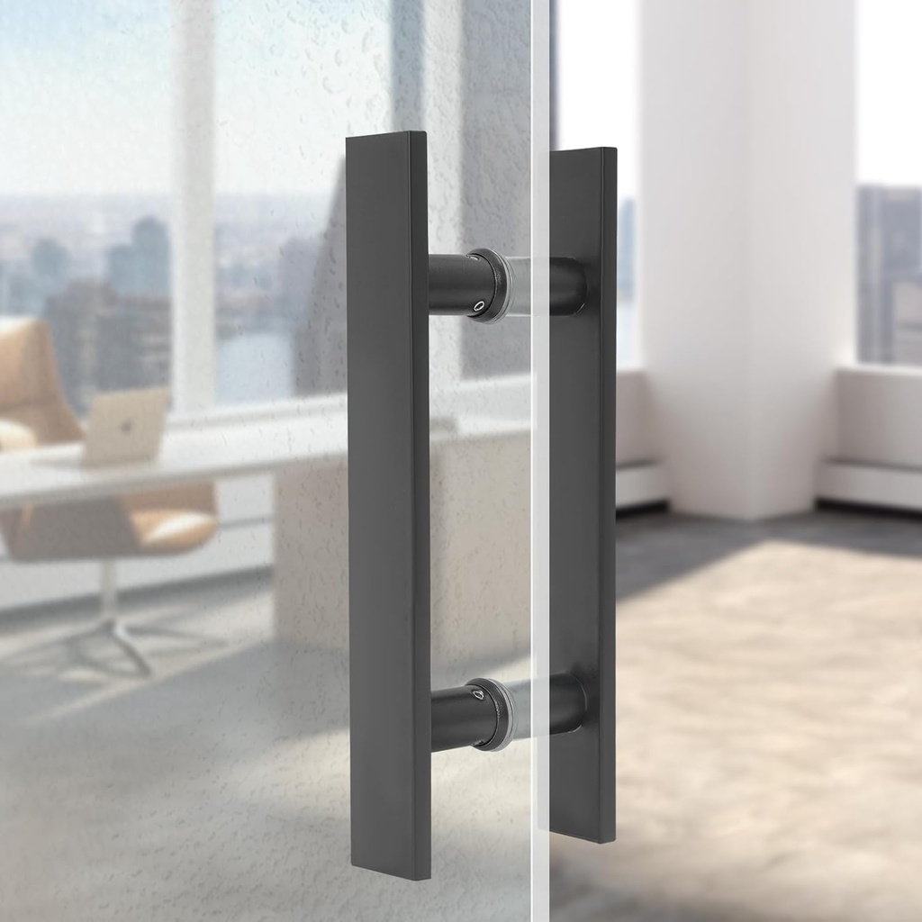 TFCFL 12 Inch Push Pull Door Handle, Long Double-Sided H Shape Sliding Door Handle, Stainless Steel Flat Rectangle Bar for Glass Wooden Barn Front Door (Frosted Black)