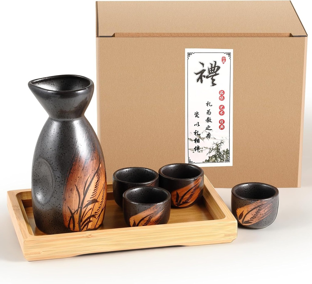 Skyley Japanese Sake Set with Tray Traditional Saki Cups Set Korean Soju Glass Ceramic Japanese Gifts for Cold Wine Holiday Christmas Gifts (Wooden,Grass)