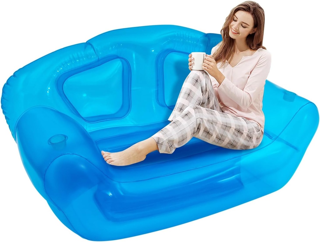 Transparent Inflatable Sofa Chair - Portable Blow Up Couch for Indoor, Outdoor, Camping, Beach, Patio, Yard, Office & Travel - Double Seater Air Furniture with 440lbs Capacity, Blue