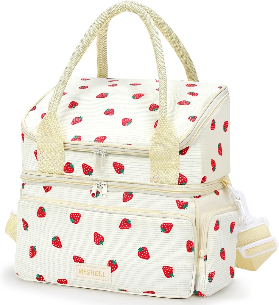 MYSHELL Lunch Bag for Women, Double Deck Large Insulated Adult Lunch Box, Reusable & Leakproof Lunchbox Cooler Bag with Shoulder Strap for Work Picnic Beach, Cute Corduroy, 16L