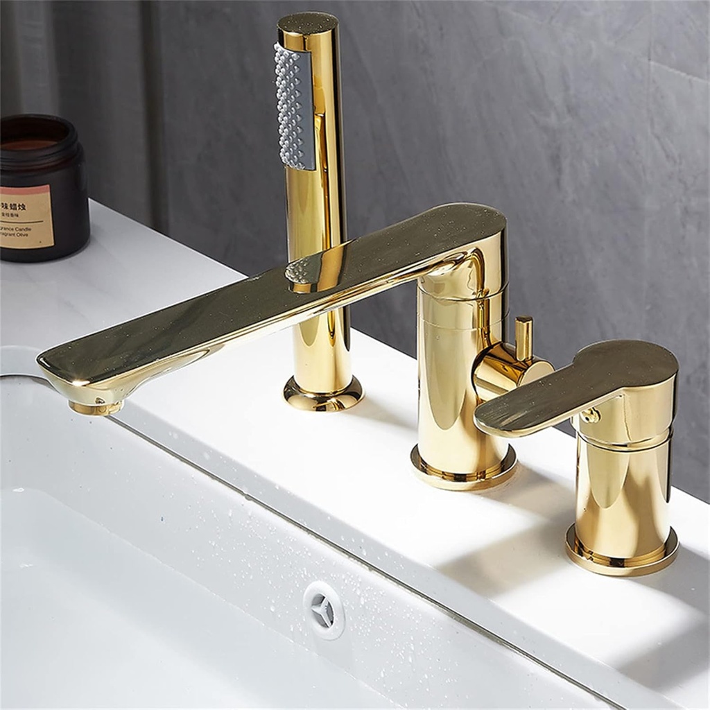 Waterfall Bathtub Faucet Roman Tub Filler, Contemporary Bathroom Widespread Long Spout Faucet with Handheld Shower, Single Handle 3 Hole Deck Mount(Gold)